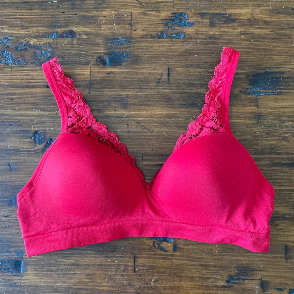 Ambrielle Everyday Seamless Lounge Bra Red Lace Trim Wireless Size M